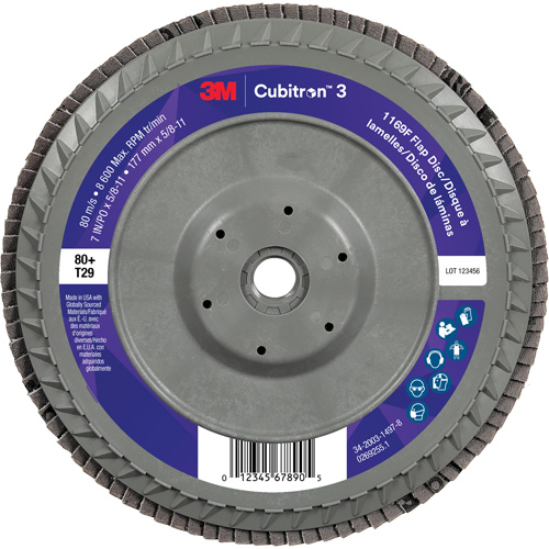 Cubitron 3 Conical  Flap Disc with Quick Change 1169F, 7" x 5/8"-11, Type T29, 80+ Grit, Ceramic Quali-T-Solutions