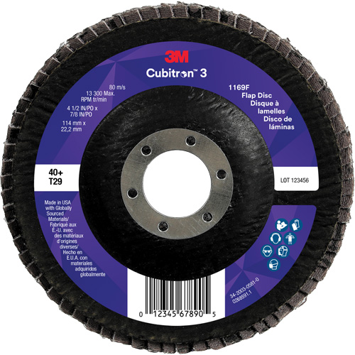 Disque &agrave; lamelles conique 1169F Cubitron 3 &agrave; changement rapide, 4-1/2" x 7/8", Type T29, Grain 40+, C&eacute;ramique Quali-T-Solutions