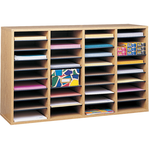 Adjustable Compartment Literature Organizer, Stationary, 36 Slots, Wood, 39-1/4" W x 11-3/4" D x 24" H Quali-T-Solutions