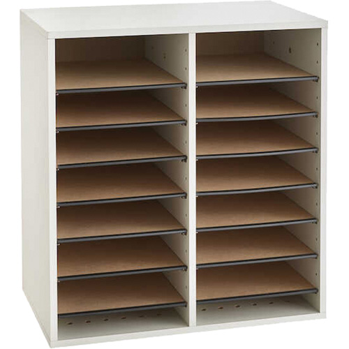 Adjustable Compartment Literature Organizer, Stationary, 16 Slots, Wood, 19-1/2" W x 11-3/4" D x 21" H Quali-T-Solutions