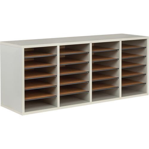 Adjustable Compartment Literature Organizer, Stationary, 24 Slots, Wood, 39-1/4" W x 11-3/4" D x 16-1/4" H Quali-T-Solutions