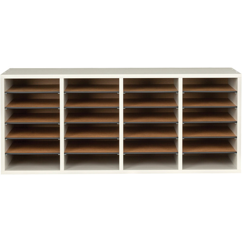 Adjustable Compartment Literature Organizer, Stationary, 24 Slots, Wood, 39-1/4" W x 11-3/4" D x 16-1/4" H Quali-T-Solutions