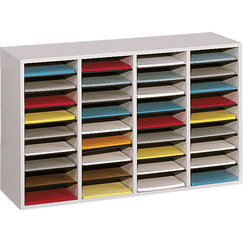 Adjustable Compartment Literature Organizer, Stationary, 36 Slots, Wood, 39-1/4" W x 11-3/4" D x 24" H Quali-T-Solutions