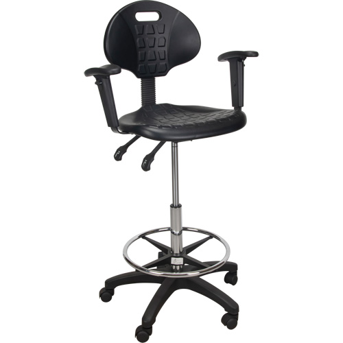 Tabouret ergonomique robuste avec accoudoirs r&eacute;glables et roulettes en nylon, Mobile, Ajustable, 39" - 48", Polyur&eacute;thane Si&egrave;ge, Noir Quali-T-Solutions