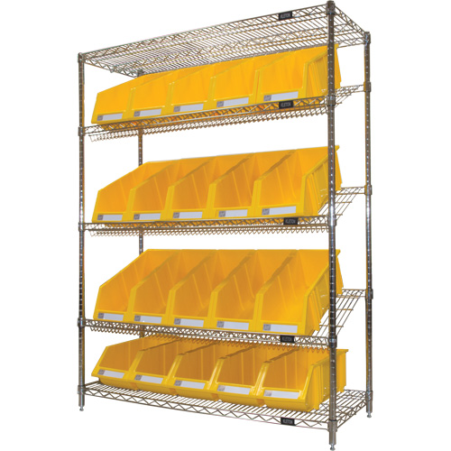 &eacute;tag&egrave;re en treillis m&eacute;tallique &agrave; tablettes inclin&eacute;es avec bacs, Tiers 5, 48" la x 63" h x 18" p Quali-T-Solutions