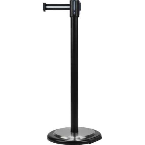 Barri&egrave;res sur pieds pour le contr&ocirc;le des foules, Acier, 35" h, Ruban Noir/Blanc, Longueur du ruban 7' Quali-T-Solutions