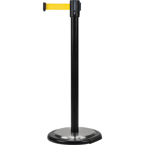 Barri&egrave;res sur pieds pour le contr&ocirc;le des foules, Acier, 35" h, Ruban Jaune, Longueur du ruban 12' Quali-T-Solutions