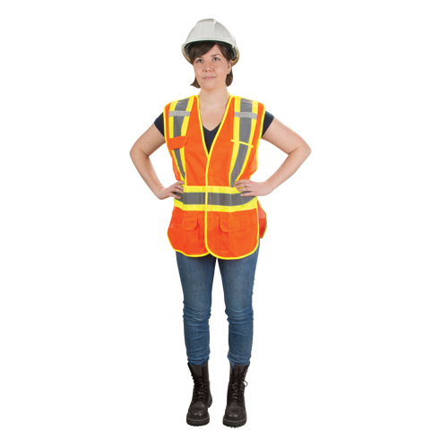 Veste d'arpenteur haute visibilit&eacute;, conforme &agrave; la CSA, Orange haute visibilit&eacute;, Moyen, Polyester Quali-T-Solutions