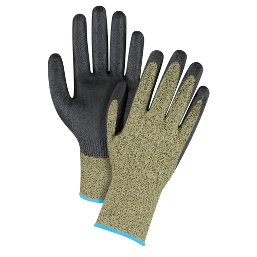 Gants &eacute;lastiques sans coutures r&eacute;sistants &agrave; la coupe noir & jaune, Taille T-Grand/10, Calibre 13, Rev&ecirc;tement Mousse de nitrile, Enveloppe en Aramide, ASTM ANSI niveau A6 Quali-T-Solutions