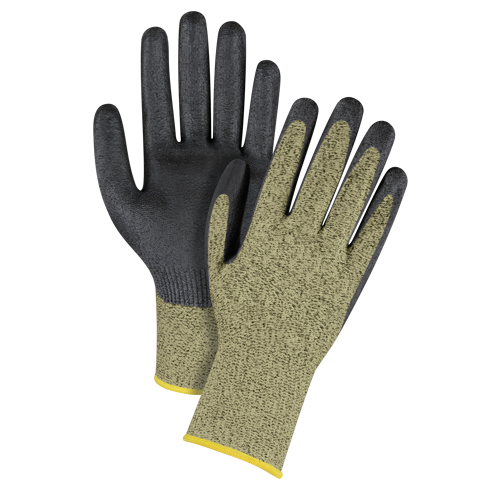 Gants &eacute;lastiques sans coutures r&eacute;sistants &agrave; la coupe noir & jaune, Taille 2T-Grand/11, Calibre 13, Rev&ecirc;tement Mousse de nitrile, Enveloppe en Aramide, ASTM ANSI niveau A6 Quali-T-Solutions