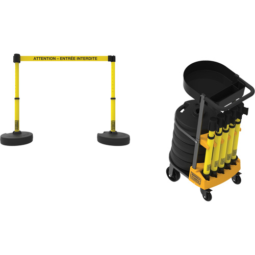 Syst&egrave;me de barri&egrave;re &agrave; chariot portatif avec plateau Plus, 75' lo, M&eacute;tal/Plastique, Jaune Quali-T-Solutions