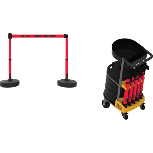 Syst&egrave;me de barri&egrave;re &agrave; chariot portatif avec plateau Plus, 75' lo, M&eacute;tal/Plastique, Rouge Quali-T-Solutions