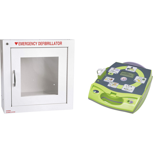 AED Plus&reg; Defibrillator with Alarmed Flush Wall Cabinet, Automatic, English, Class 4 Quali-T-Solutions