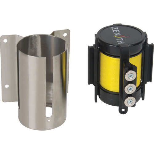 Barri&egrave;re &agrave; fixation murale avec ruban magn&eacute;tique, Acier, Fixation par vis, 12', Ruban Jaune Quali-T-Solutions