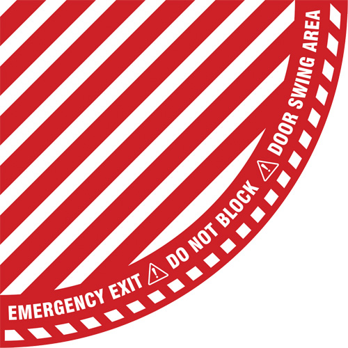 Signalisation au sol ?Emergency Exit? (sortie de secours) pour porte battante en quart de cercle, Adh&eacute;sif, Anglais avec pictogramme Quali-T-Solutions