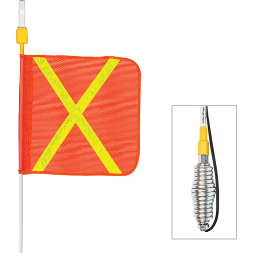 Tiges de s&eacute;curit&eacute; tout-temps de s&eacute;rie lourde avec lumi&egrave;re DEL constante Safety Whip, Fixation Ressort, Hauteur 3', Orange avec X r&eacute;fl&eacute;chissant Quali-T-Solutions