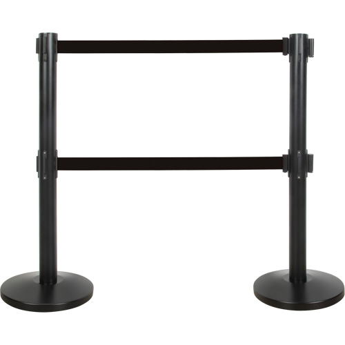 Dual Belt Crowd Control Barrier, Steel, 35" H, Black Tape, 7' Tape Length Quali-T-Solutions