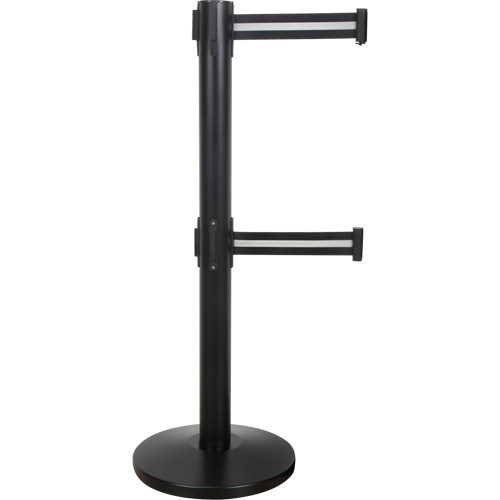 Dual Belt Crowd Control Barrier, Steel, 35" H, Black/White Tape, 7' Tape Length Quali-T-Solutions