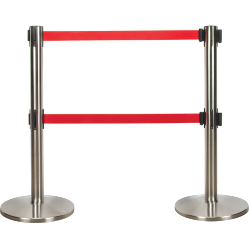 Barri&egrave;re pour le contr&ocirc;le des foules &agrave; courroie double, Acier, 35" h, Ruban Rouge, Longueur du ruban 7' Quali-T-Solutions