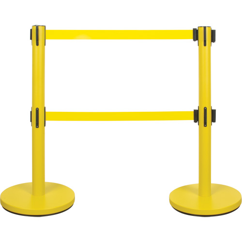 Dual Belt Crowd Control Barrier, Steel, 35" H, Yellow Tape, 7' Tape Length Quali-T-Solutions