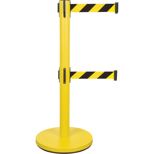 Dual Belt Crowd Control Barrier, Steel, 35" H, Black/Yellow Tape, 7' Tape Length Quali-T-Solutions