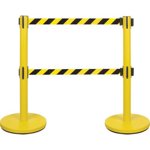 Dual Belt Crowd Control Barrier, Steel, 35" H, Black/Yellow Tape, 7' Tape Length Quali-T-Solutions