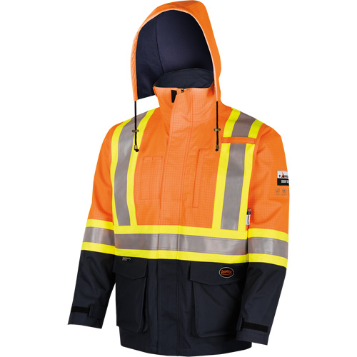 4484 Manteau de s&eacute;curit&eacute; Defender antistatique/ignifuge/anti-arc &eacute;lectrique en trilamin&eacute;, Petit, Noir/Orange haute visibilit&eacute;, 11 cal/cm² Quali-T-Solutions
