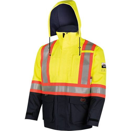 4485 Manteau de s&eacute;curit&eacute; Defender antistatique/ignifuge/anti-arc &eacute;lectrique en trilamin&eacute;, Petit, Noir/Jaune haute visibilit&eacute;, 11 cal/cm² Quali-T-Solutions