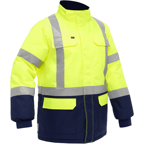 Manteau pour le froid extr&ecirc;me avec bas bleu marin et X au dos Bisley, Polyester, Jaune lime haute visibilit&eacute;, Petit Quali-T-Solutions