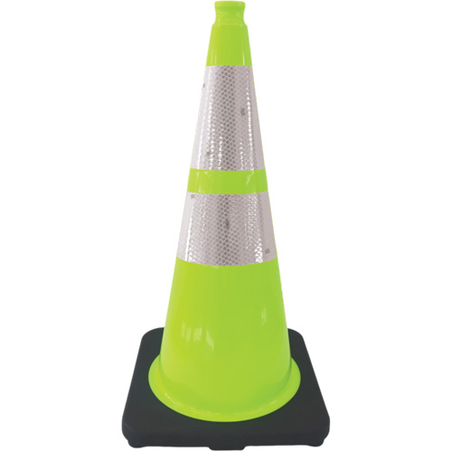 C&ocirc;ne de signalisation de premi&egrave;re qualit&eacute;, 28", Vert lime, Bande(s) r&eacute;fl&eacute;chissante(s) 4" & 6" Quali-T-Solutions