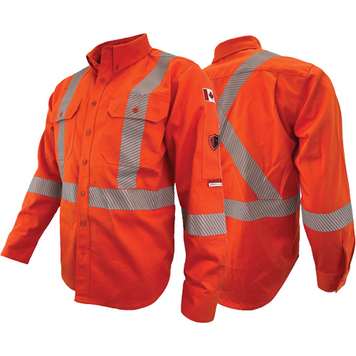 Chandail de travail &agrave; manches longues ignifuge et r&eacute;sistant &agrave; l'arc &eacute;lectrique avec bandes de 2" Atlas Guardian, T-petit, Orange haute visibilit&eacute; Quali-T-Solutions