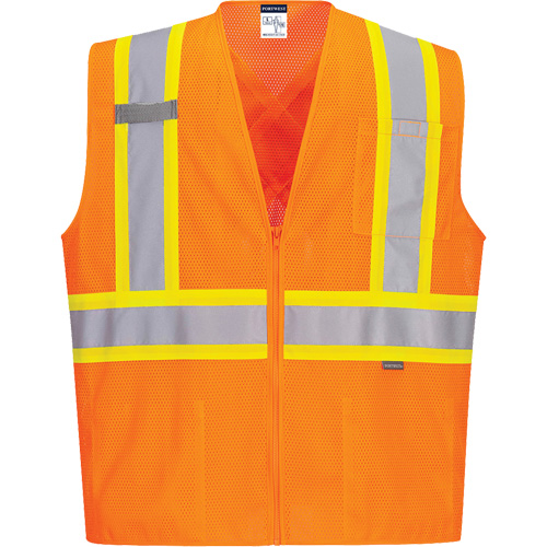 Contrast-Striped Safety Vest, High Visibility Orange, Small, Polyester Quali-T-Solutions