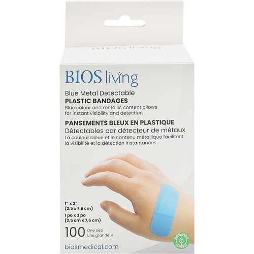 Bandages hydrofug&eacute;s bleu, Rectangulaire/carr&eacute;e, 3", Plastique d&eacute;tectable, St&eacute;rile Quali-T-Solutions