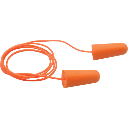 Bouchons d'oreilles coniques jetables en mousse de PU orange SEALTEC33, Avec cordon, Vrac - Boîte, 33 dB NRR, Taille unique Quali-T-Solutions