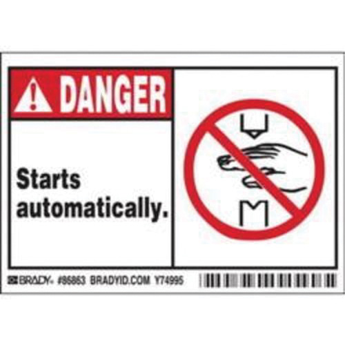 "Danger Starts Automatically" Sign, 3-1/2" x 5", Polyester, English with Pictogram Quali-T-Solutions
