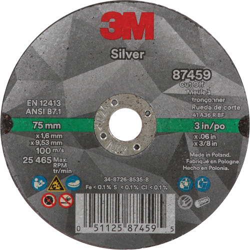 Silver Cut-Off Wheel, 3" x 0.06", 3/8"-24 Arbor, Type 1, Ceramic, 25645 RPM Quali-T-Solutions
