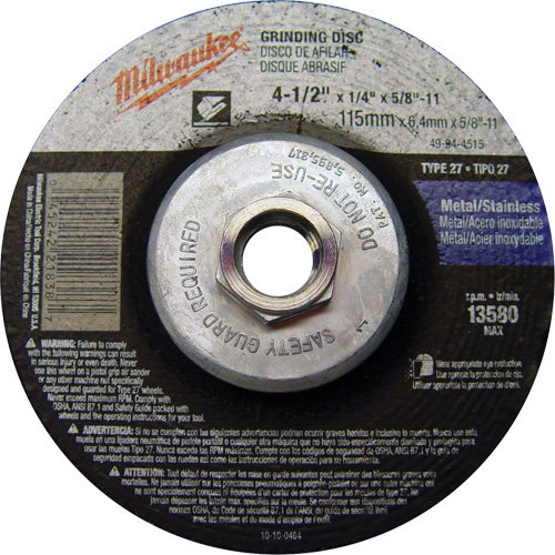 Meule, 4-1/2" x 1/4", Arbre 5/8"-11, Oxyde d'aluminium, Type 27 Quali-T-Solutions