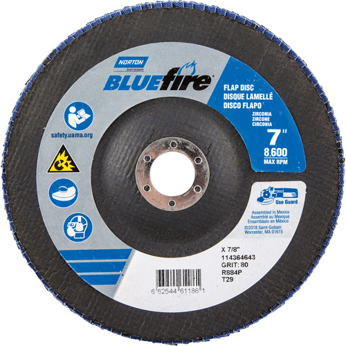 Disque &agrave; lamelles &agrave; grain grossier BlueFire, 7" x 7/8", Type 27, Grain 80, Alumine de zirconium Quali-T-Solutions