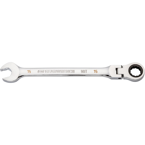 90-Tooth Flex Head Ratcheting Combination Wrench, 12 Point, 15 mm, Chrome Finish Quali-T-Solutions