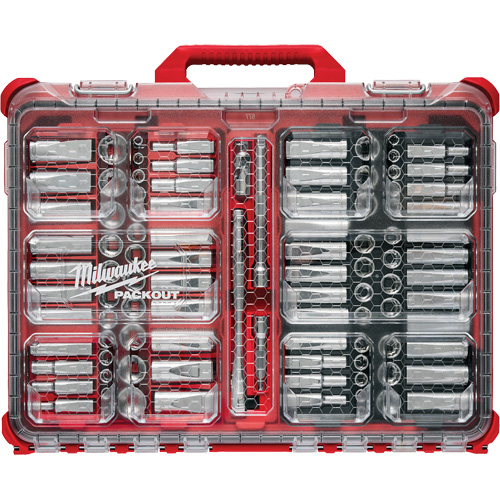 Jeu de cliquets et douilles m&eacute;triques/SAE avec organisateur PACKOUT &agrave; profil bas, 98 Mcx, Prise de 3/8" Quali-T-Solutions