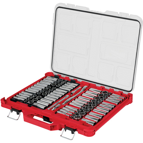 Jeu de cliquets et douilles m&eacute;triques/SAE avec organisateur PACKOUT &agrave; profil bas, 98 Mcx, Prise de 3/8" Quali-T-Solutions