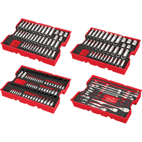 Jeu de cliquets et douilles m&eacute;triques et SAE avec organisateur PACKOUT &agrave; profil bas, 242 Mcx, Chocs, Prise de 1/4"/3/8"/1/2", Profond Quali-T-Solutions