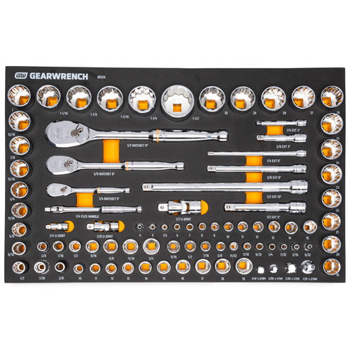 Jeu d'outils SAE/m&eacute;triques pour m&eacute;canicien &agrave; 90 dents 1/4", 3/8" & 1/2" avec plateau de rangement en mousse Quali-T-Solutions