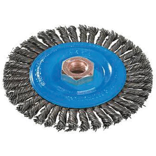 Brosse &agrave; fils nou&eacute;s pour cordons de soudure, Dia. 4", Fils 0,02", Arbre 5/8"-11, Aluminium/Acier inoxydable Quali-T-Solutions