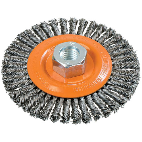 Brosse &agrave; fils nou&eacute;s pour cordons de soudure, Dia. 4-1/2", Fils 0,02", Arbre 5/8"-11, Acier Quali-T-Solutions