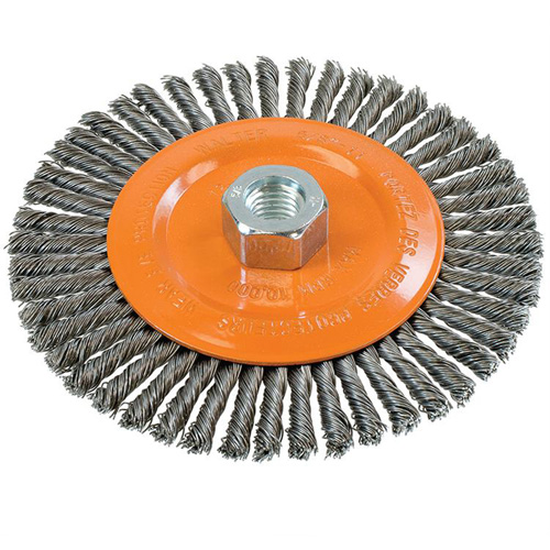 Brosse &agrave; fils nou&eacute;s pour cordons de soudure, Dia. 6", Fils 0,02", Arbre 5/8"-11, Acier Quali-T-Solutions