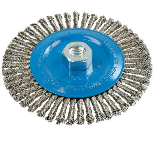 Brosse &agrave; fils &eacute;troits nou&eacute;s et torsad&eacute;s, Dia. 6", Fils 0,02", Arbre 5/8"-11, Aluminium/Acier inoxydable Quali-T-Solutions