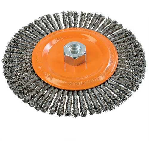 Brosse &agrave; fils nou&eacute;s pour cordons de soudure, Dia. 6-7/8'', Fils 0,02", Arbre 5/8"-11, Acier Quali-T-Solutions