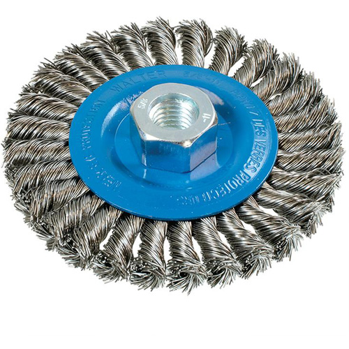 Wide Knotted Wire Wheel Brush, 4-1/2" Dia., 0.02" Fill, 5/8"-11 Arbor, Aluminum/Stainless Steel Quali-T-Solutions