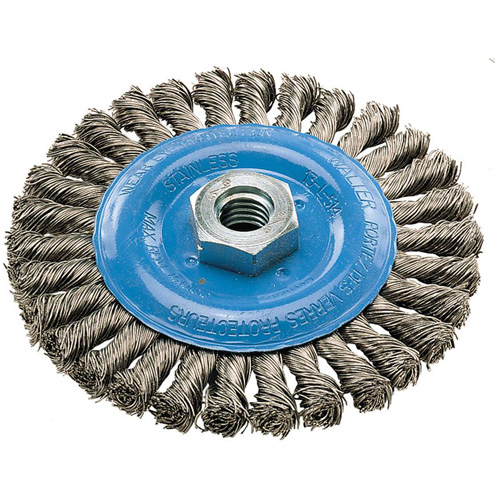 Brosse rotative &agrave; fils nou&eacute;s large, Dia. 5", Fils 0,02", Arbre 5/8"-11, Aluminium/Acier inoxydable Quali-T-Solutions